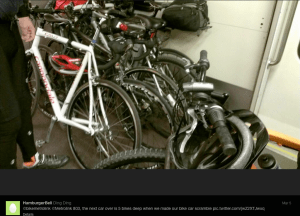Example of a tweet to @BikeMetrolink and @Metrolink from a passenger on the IE/ OC line. This crowded train car was designed to accommodate only two bicycles.